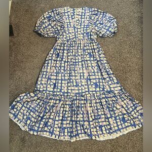 Hunter Bell NY Blue Geometric Puff Sleeve Tiered Midi Dress Size M